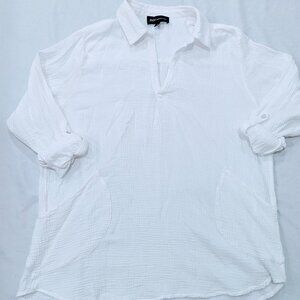 JNY Jones New York White Tunic Cover Up Sz 1X Crinkle High Low Roll Tab Cotton